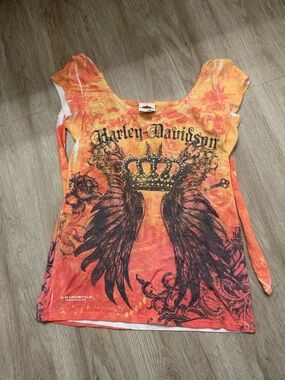 Harley-Davidson Orange and Yellow Crown & Wings Graphic Tee